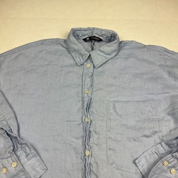 ZARA Womens Linen Button Down Tunic Shirt Blue 3/4 Sleeve Loose Fit Top SMALL - Picture 2 of 10